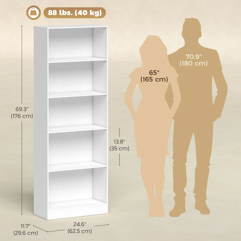 HOMCOM 5-Tier Bookcase, Storage Bookshelf with Adjustable Shelves, Display Shelves for Living Room, Home Office, White
