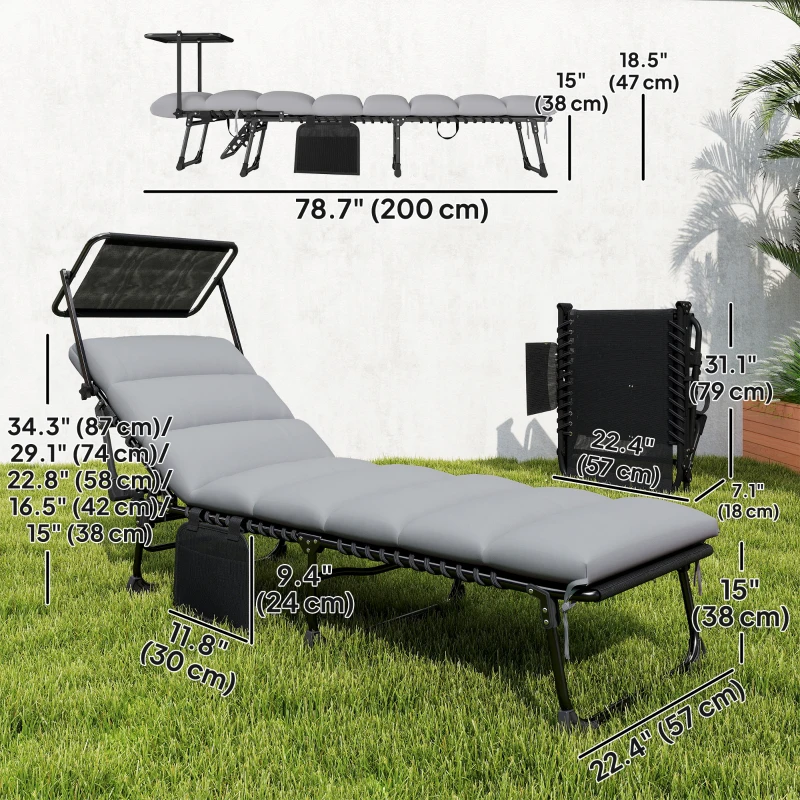 Outsunny Outdoor Chaise Lounge Chairs, 2 PCS Folding Lounge Chairs with Adjustable 5-Position, Cushion, Canopy, Side Pocket