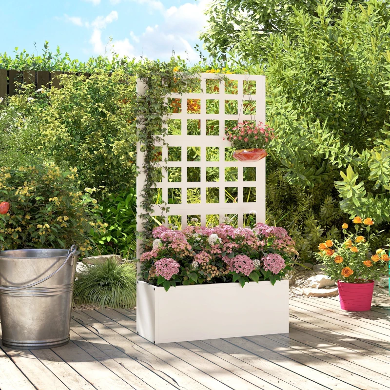 Outsunny Galvanized Raised Garden Bed Planter Box with Trellis for Climbing Plants, Vegetable, Vines, 24" x 9" x 44.5", White