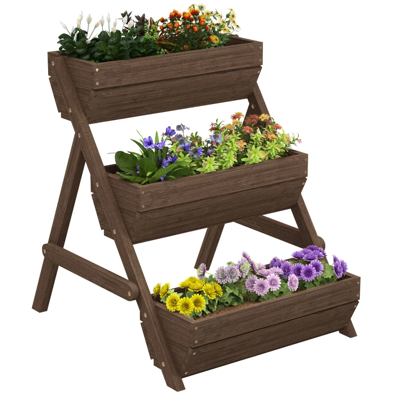 Outsunny 3 Tier Elevated Planter Box, Vertical Wooden Raised Garden Bed for Flowers, Vegetables, 26" x 30" x 30", Carbonized