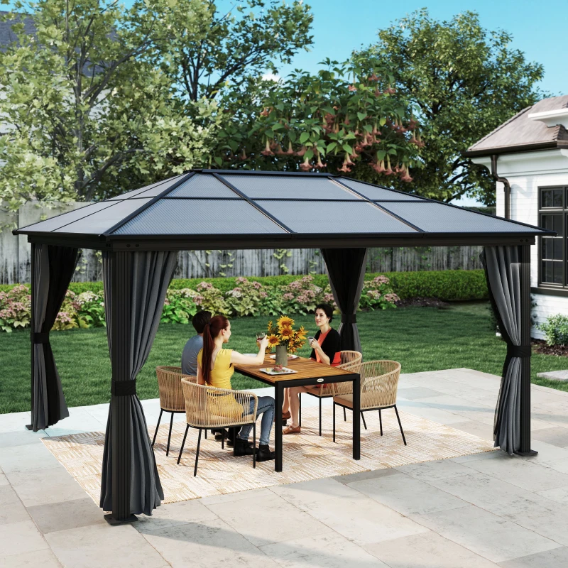 Outsunny 12' x 15' Hardtop Gazebo Canopy with Polycarbonate Roof, Aluminum Frame, Netting, Curtains and Ceiling Hook, Dark Grey