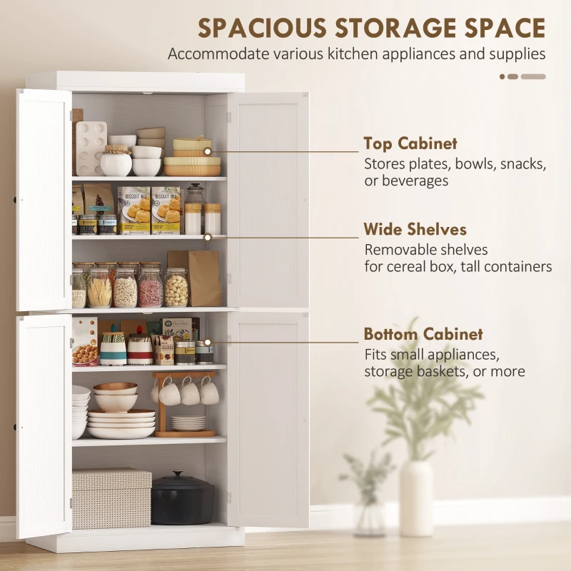 HOMCOM 72" Kitchen Cabinet, Pantry Storage Cabinet with Doors and Shelves, Freestanding Food Pantry Cabinet, White Wood Grain