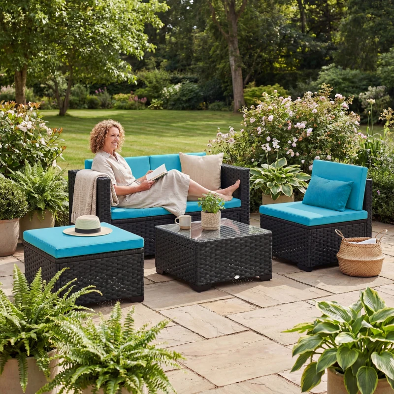 Outsunny 5 Piece Patio Furniture Set, L-Shape Wicker Outdoor Sectional with 3 Chairs, Ottoman, Glass Table, Cushions, Turquoise