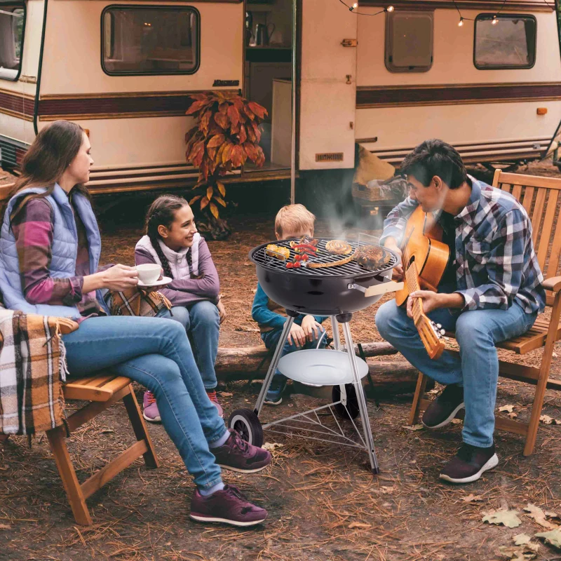 Outsunny Portable Charcoal BBQ Grill, Steel Outdoor Camp Picnic Cooker with Lid, Air Vents, Wheels and Storage Shelf, Black