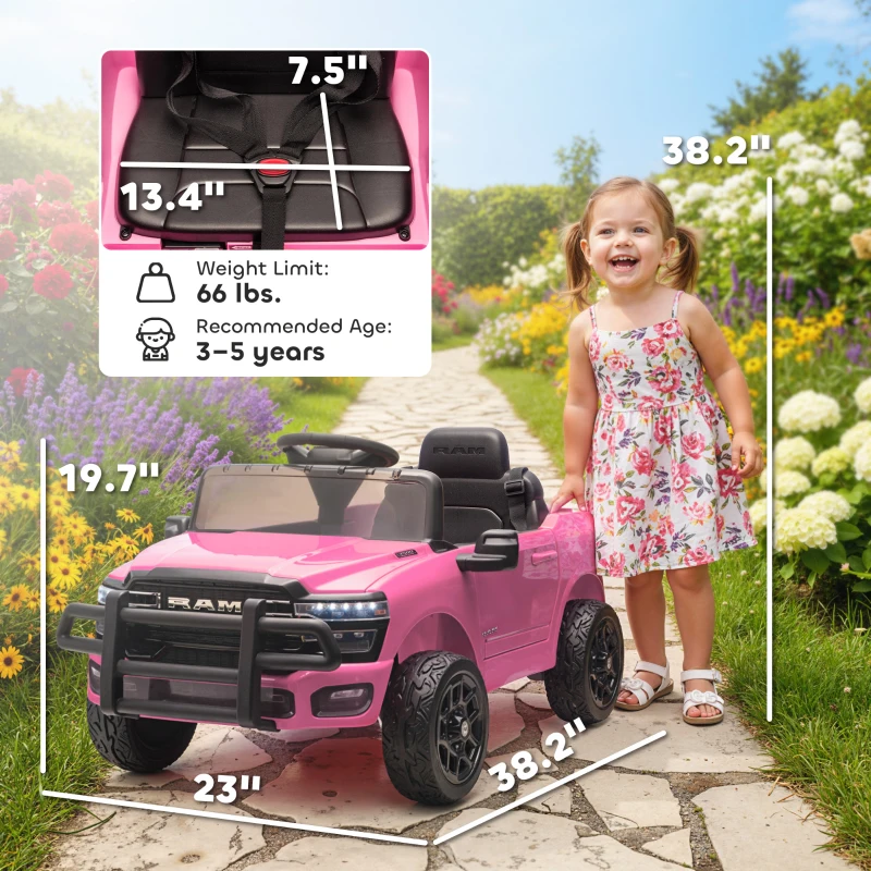 Qaba 12V Kids Ride on Car, Licensed Dodge RAM 3500 Ride on Toys with Dual Motors, Remote Control for Toddlers, Pink