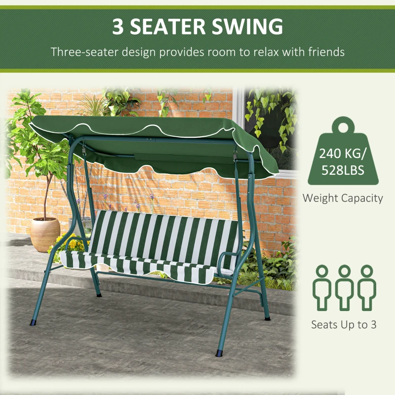 Outsunny Outdoor Porch Swing with Adjustable Canopy, 3-Seater Patio Swing Chair with Cushion, Green