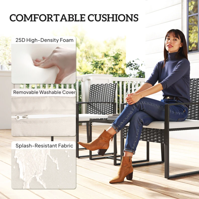 Outsunny Outdoor Bistro Set, 3 Piece Wicker Patio Furniture Set with Glass Top Table and Cushions for Porch, Balcony, Cream White