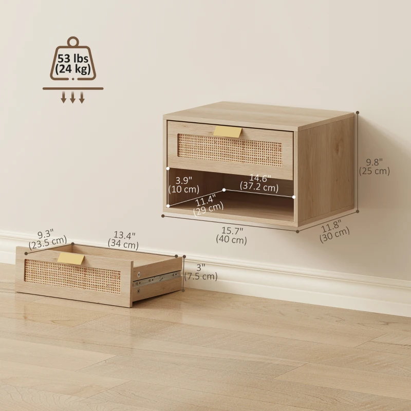 HOMCOM Floating Bedside Table Set of 2, Wall Mount Nordic Nightstands with Storage Drawer and Open Shelf for Bedroom, Oak