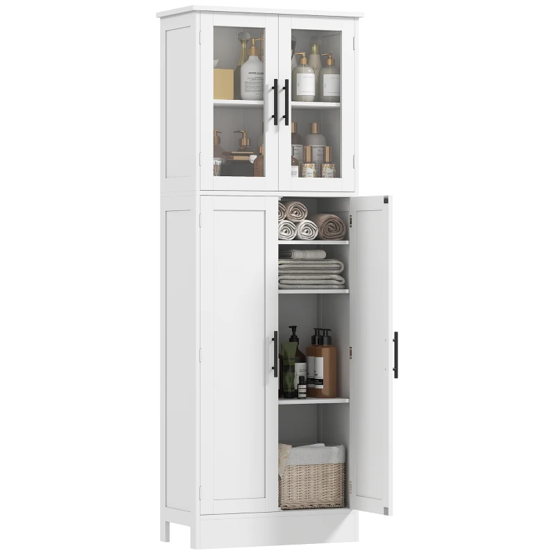 HOMCOM Tall Bathroom Cabinet with Glass Doors, Space-Saving Unit with Adjustable Shelves, Freestanding Storage, White