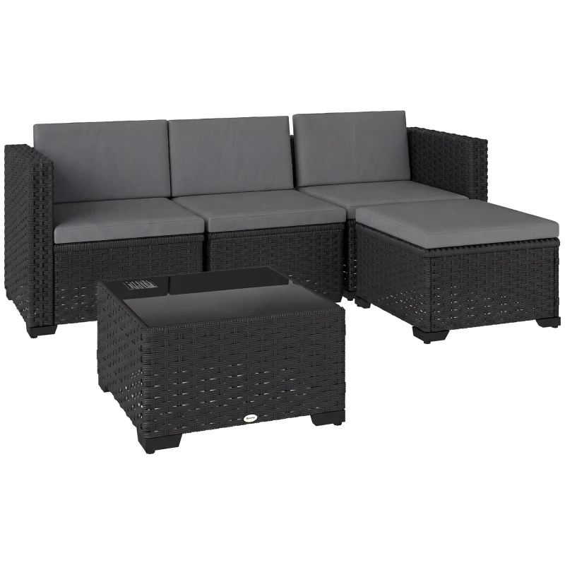 Outsunny 5 Piece Patio Furniture Set, L-Shape Wicker Outdoor Sectional with 3 Chairs, Ottoman, Glass Table, Cushions, Grey