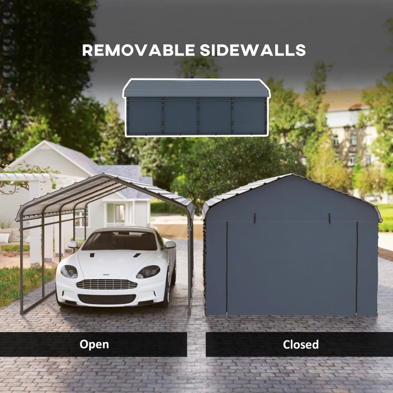 Outsunny 12' x 20' Metal Carport, Heavy Duty Garage Car Canopy with Galvanized Metal Roof and Removable Sidewalls, Dark Gray