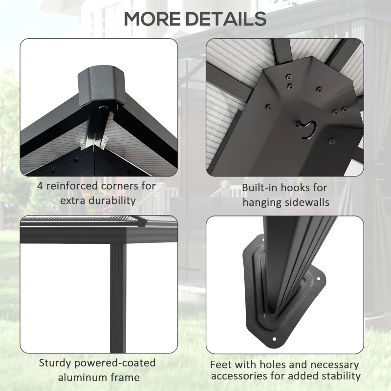 Outsunny 12' x 15' Hardtop Gazebo Canopy with Polycarbonate Roof, Aluminum Frame, Netting, Curtains and Ceiling Hook, Dark Grey