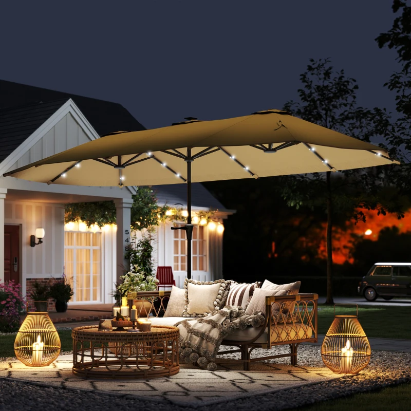 Outsunny 13ft Double-Sided Market Umbrella, Large Patio Umbrella with Solar Lights, Crank Handle for Garden, Pool, Yard, Khaki