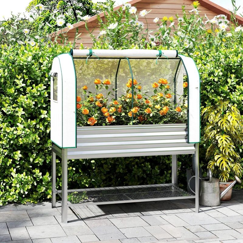 Outsunny Galvanised Raised Garden Bed with Greenhouse Cover, Metal Elevated Garden Bed with Bed Liner, Bottom Shelf, Silver