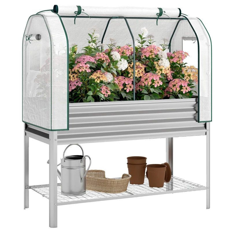 Outsunny Galvanised Raised Garden Bed with Greenhouse Cover, Metal Elevated Garden Bed with Bed Liner, Bottom Shelf, Silver