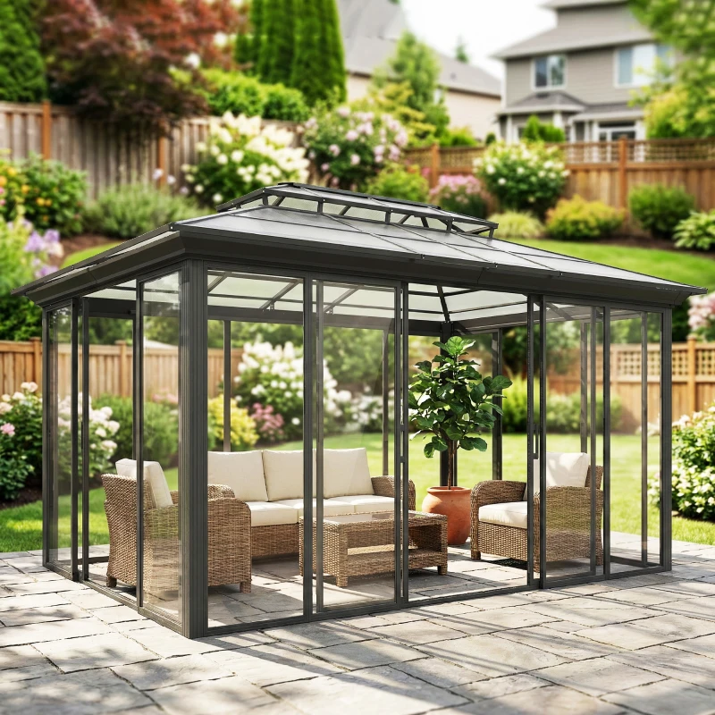 Outsunny 10' x 14' Outdoor Hardtop Gazebo, Aluminum Sun Room Solarium with Sliding Doors, Double Roof Patio Gazebo, Dark Grey