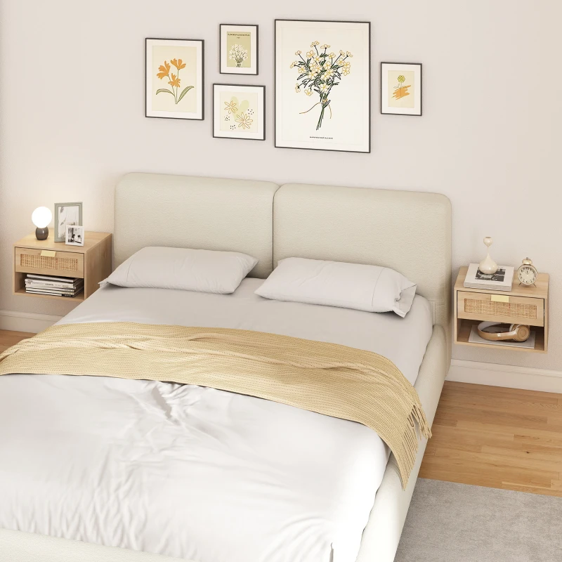 HOMCOM Floating Bedside Table Set of 2, Wall Mount Nordic Nightstands with Storage Drawer and Open Shelf for Bedroom, Oak