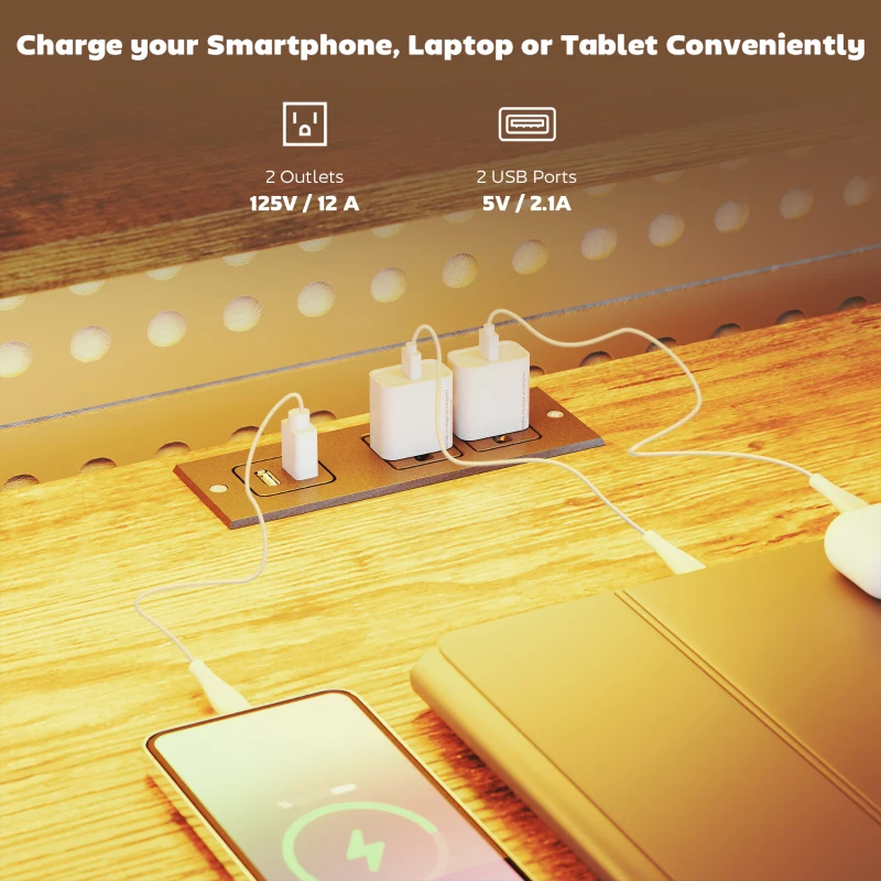 HOMCOM Gaming Desk with Power Outlets LED Lights Computer Desk with Drawers Monitor Stand 61" Rustic Brown