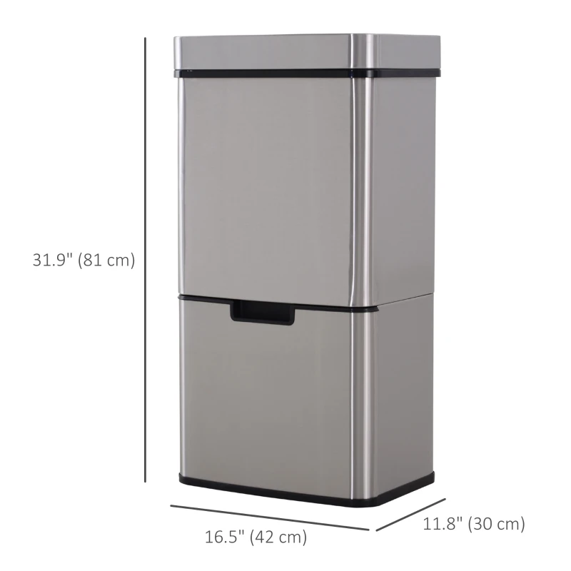 HOMCOM Sensor Trash Can, 19 Gallon Stainless Steel Kitchen Garbage Can with 3 Compartments, Removable Inner Buckets, Silver
