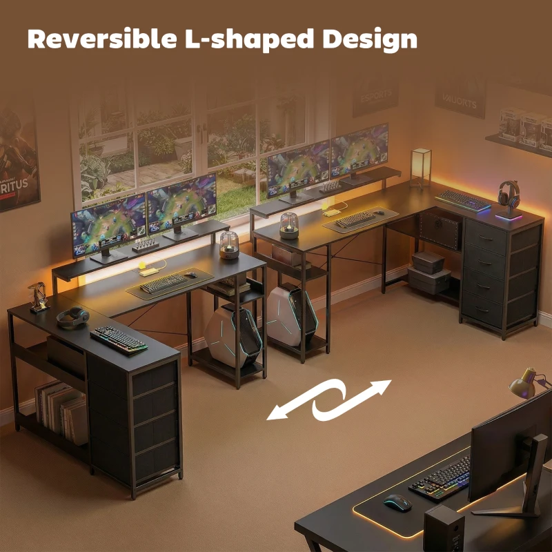 HOMCOM Gaming Desk with Power Outlets LED Lights Computer Desk with Drawers Monitor Stand 61" Black