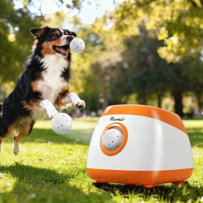 PawHut Automatic Dog Ball Launcher, Automatic Ball Launcher with 6 ETPU Balls, 26-79ft, for Medium and Large Dogs, Orange