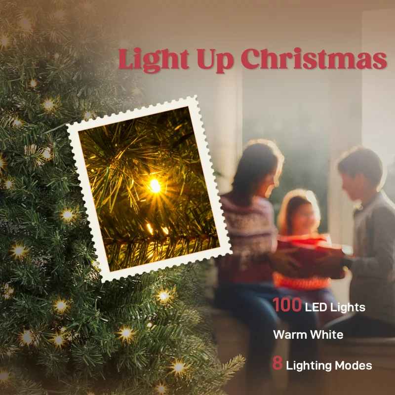 HOMCOM 5 ft Prelit Christmas Tree, Whimsical Xmas Tree Slim High Mountain Fir with 100 LEDs and Metal Stand, Green