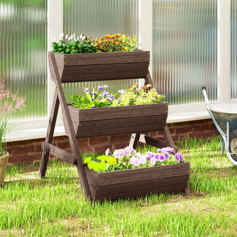 Outsunny 3 Tier Elevated Planter Box, Vertical Wooden Raised Garden Bed for Flowers, Vegetables, 26" x 30" x 30", Carbonized