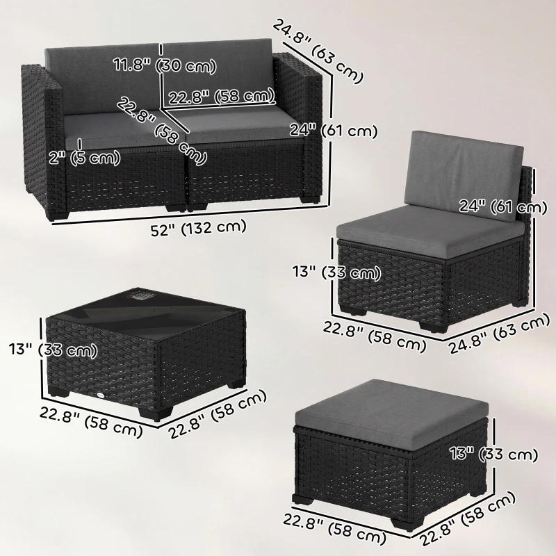 Outsunny 5 Piece Patio Furniture Set, L-Shape Wicker Outdoor Sectional with 3 Chairs, Ottoman, Glass Table, Cushions, Grey