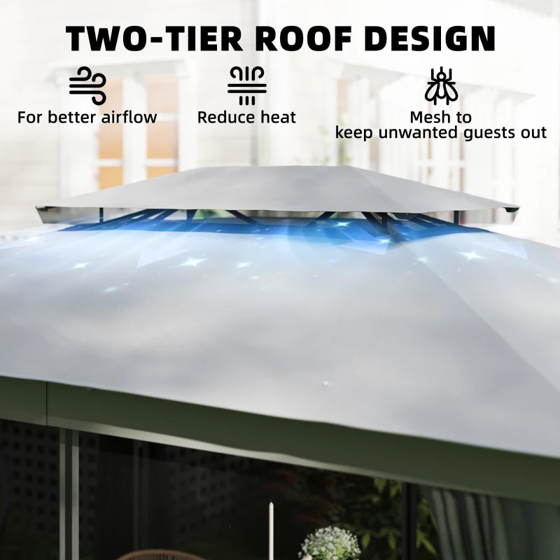 Outsunny 10' x 12.5' Outdoor Gazebo with Curtains and Netting, Double Roof Metal Patio Gazebo Canopy Shelter with Hook, Dark Grey