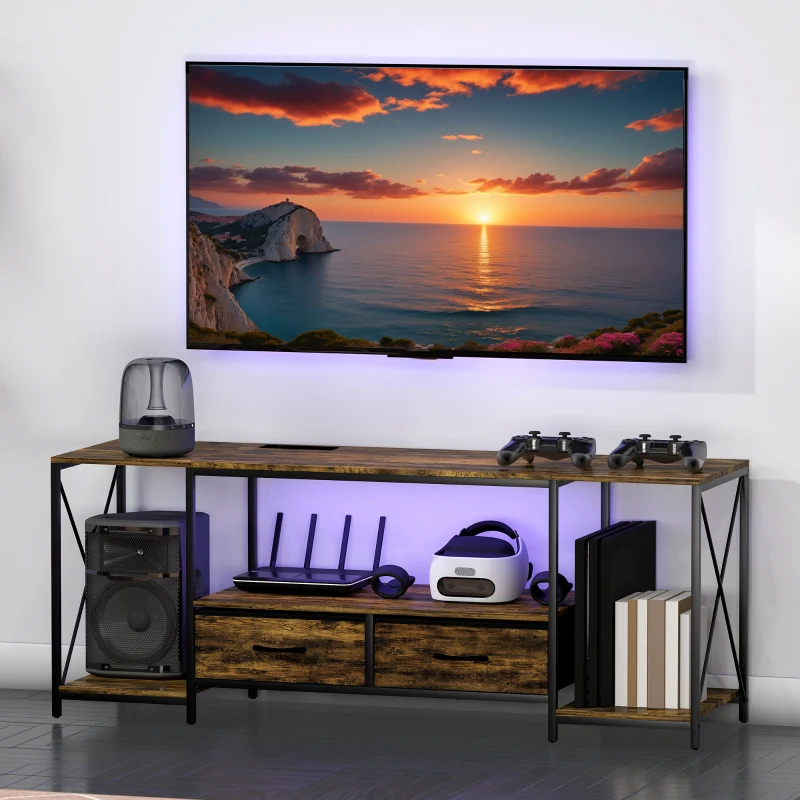 HOMCOM Industrial TV Stand for up to 55 Inch TV, TV Console with Charging Station and RGB LED Lights, Rustic Brown