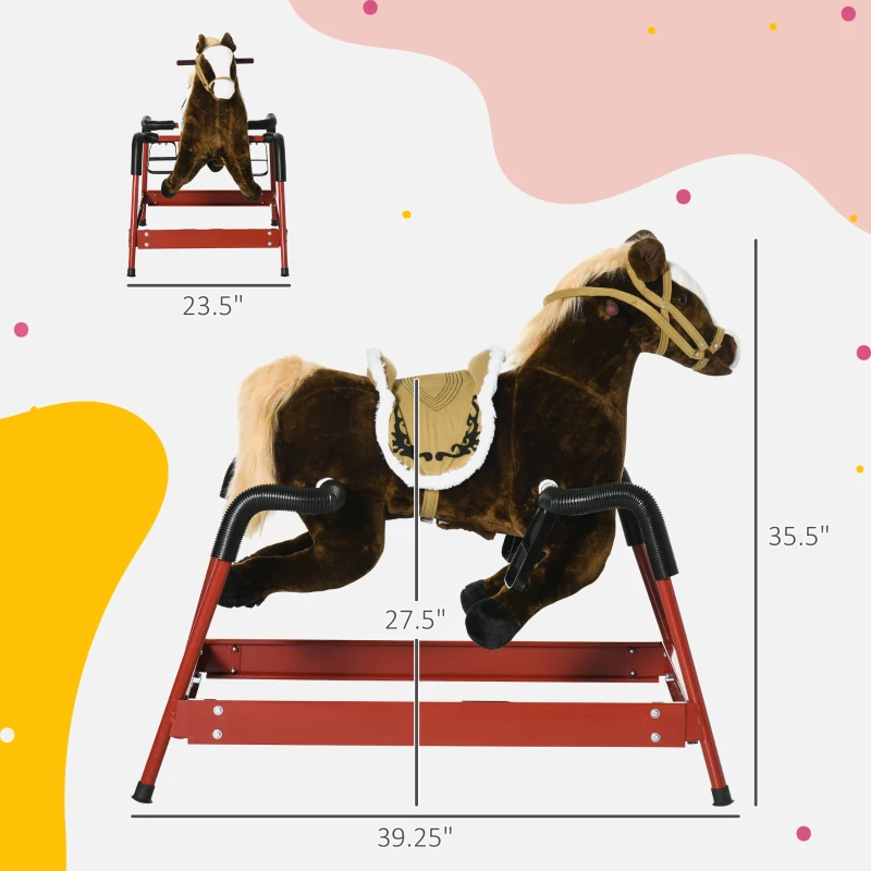 Qaba Kids Spring Rocking Horse, Ride on Horse for Girls and Boys with Animal Sounds, Plush Animal Ride-on Toy with Soft Feel, Interactive Toy for Kids, Dark Brown