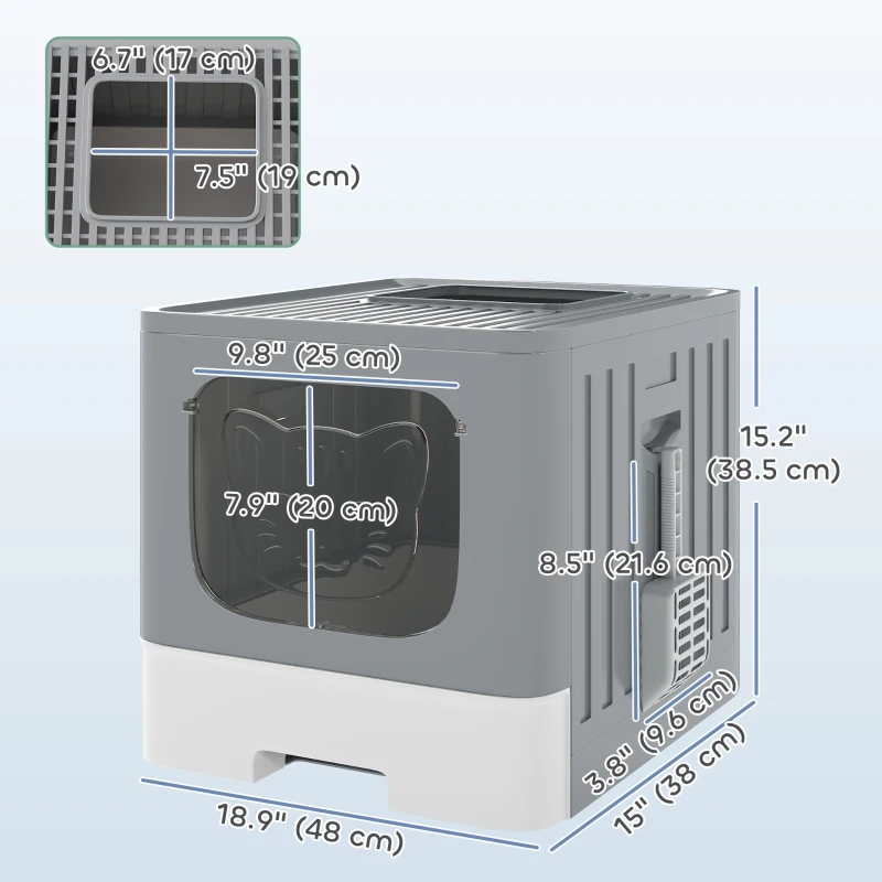 PawHut Foldable Cat Litter Box with Lid, Slide-Out Drawer, Scoop, Easy Clean, Odour Control, Anti-Splashing, Grey