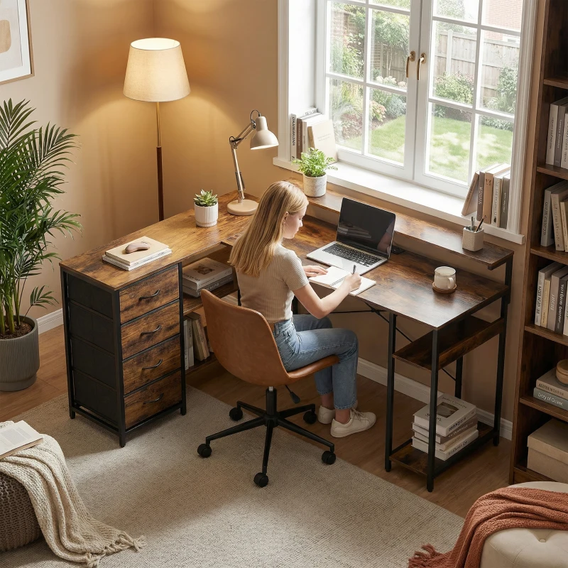 HOMCOM Gaming Desk with Power Outlets LED Lights Computer Desk with Drawers Monitor Stand 61" Rustic Brown