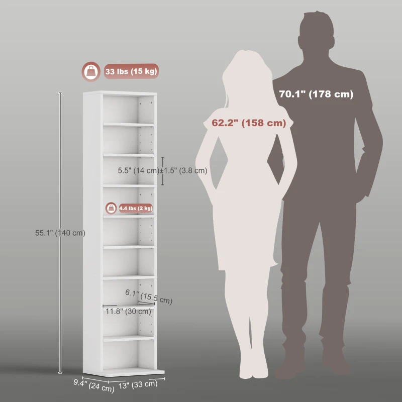 HOMCOM Media Storage Cabinet, 9-Tier Tall Narrow DVD Shelf with 6 Adjustable Shelves, White