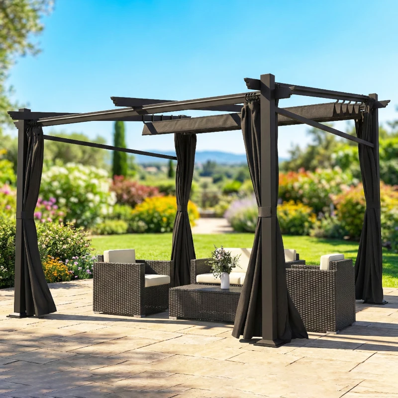 Outsunny Metal Pergola with Sliding Roof Canopy, Retractable Pergola Canopy, 10' x 10', Black