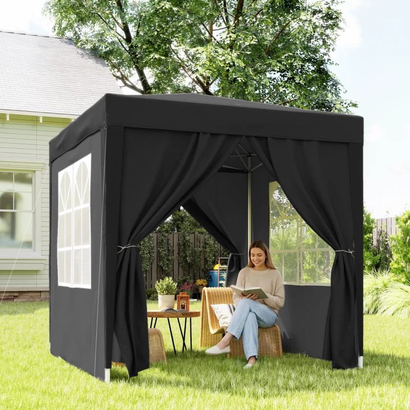 Outsunny 6.6'x6.6' Pop Up Canopy Tent with Sidewalls, Instant Sun Shelter Camping Gazebo with Carry Bag, Black