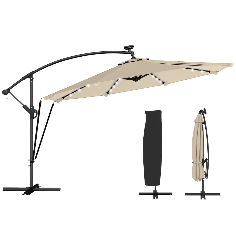 Outsunny 11.3 ft Cantilever Patio Umbrella with Light, Cover, Aluminium UPF50+ Offset Outdoor Umbrella Parasol, Khaki