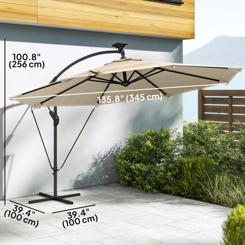 Outsunny 11.3 ft Cantilever Patio Umbrella with Light, Cover, Aluminium UPF50+ Offset Outdoor Umbrella Parasol, Khaki
