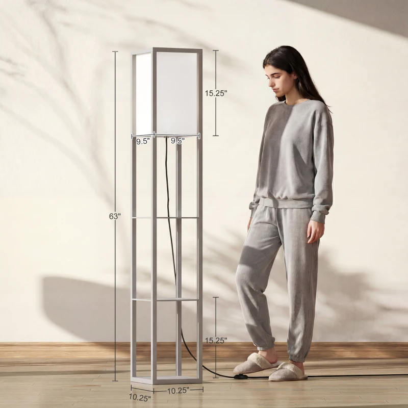 HOMCOM 3-Tier Floor Lamp, Standing Reading Light with Storage Shelves for Living Room, Bedroom, or Dining Room, Grey