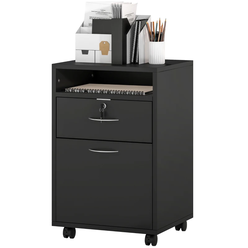HOMCOM 24" Small Filing Cabinet with Open Compartment, Drawer and Wheels, Home Office Storage Cabinet, Black