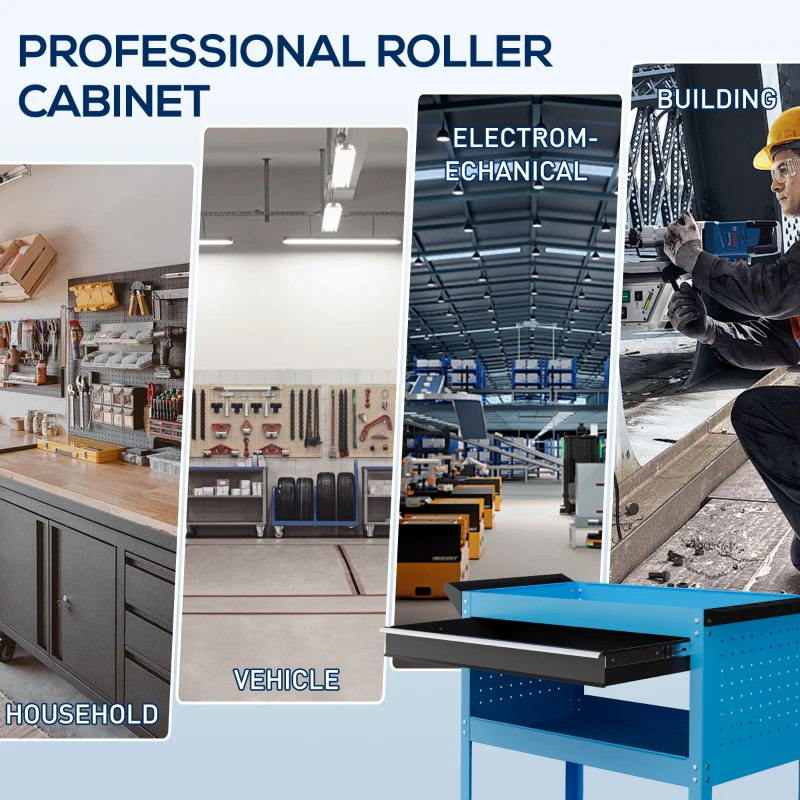 HOMCOM Tool Cart on Wheels, Utility Cart with Wheels, Ball Bearing Drawer, Storage Trays for Garage, Warehouse, Workshop, Blue