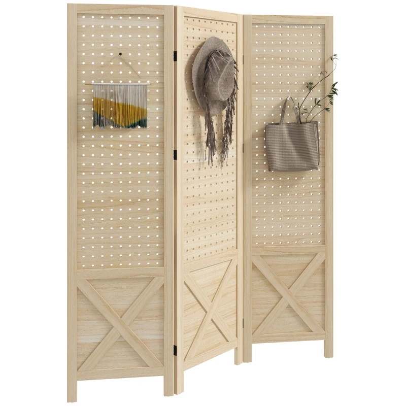 HOMCOM 4.7' 3 Panel Wooden Room Divider with Pegboard Display, Folding Privacy Screen for Home Office, Natural