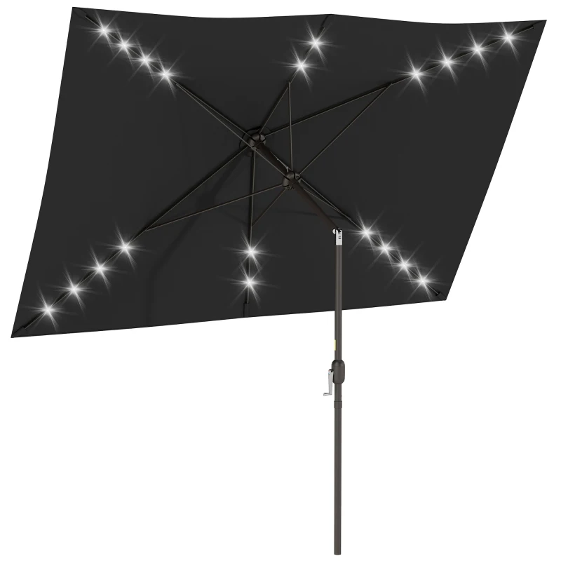 Outsunny 6.5x10ft Patio Umbrella, Rectangle Tilt Outdoor Market Parasol with LEDs, Black