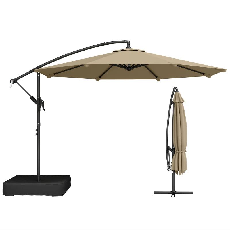 Outsunny 9.6 ft Offset Patio Umbrella with Sandbag, Garden Hanging Banana Cantilever Parasol with 360° Rotation, Khaki