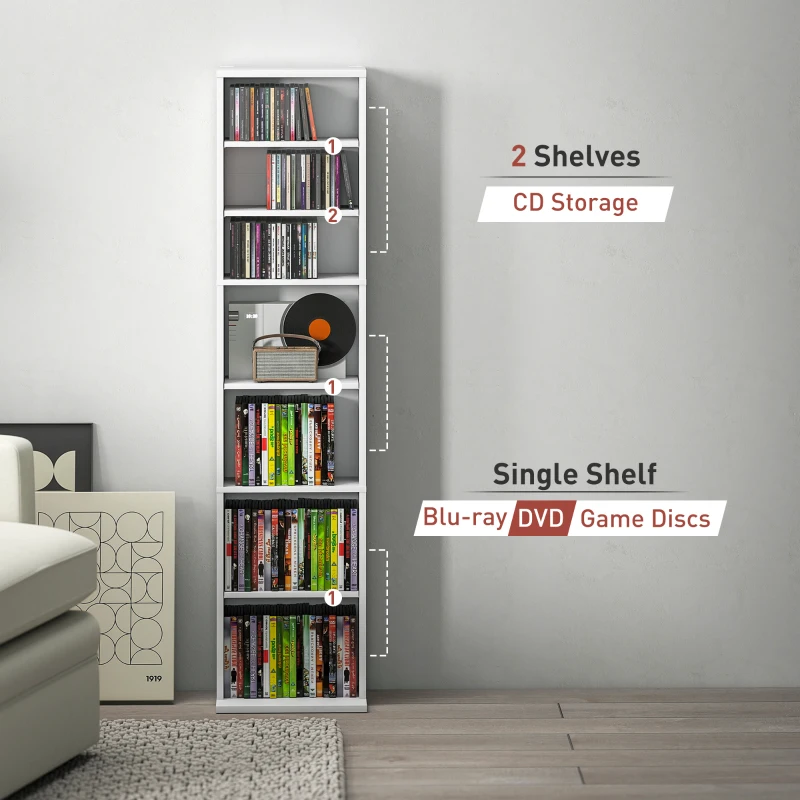 HOMCOM Media Storage Cabinet, 9-Tier Tall Narrow DVD Shelf with 6 Adjustable Shelves, White