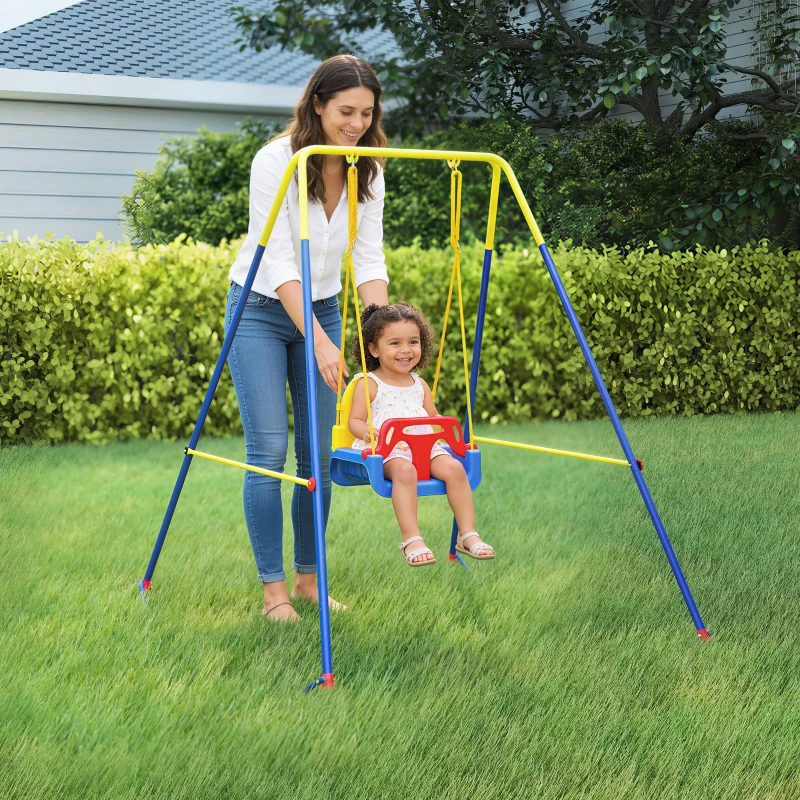 Qaba 3 in 1 Toddler Swing Set, Folding Child Swing Set with Seat Belt, Adjustable Seat for Outdoor Indoor, Blue