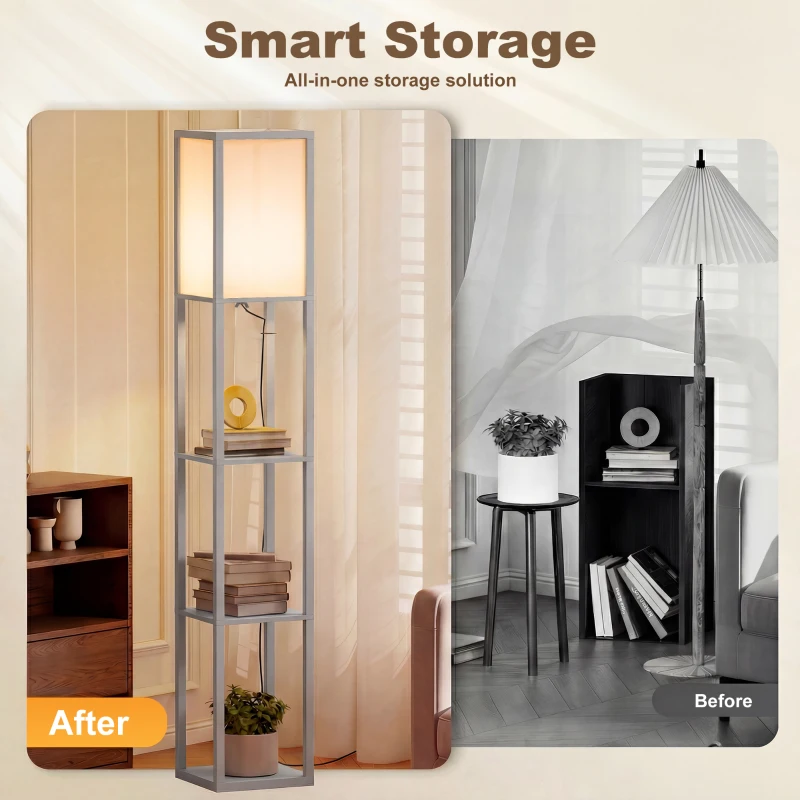 HOMCOM 3-Tier Floor Lamp, Standing Reading Light with Storage Shelves for Living Room, Bedroom, or Dining Room, Grey