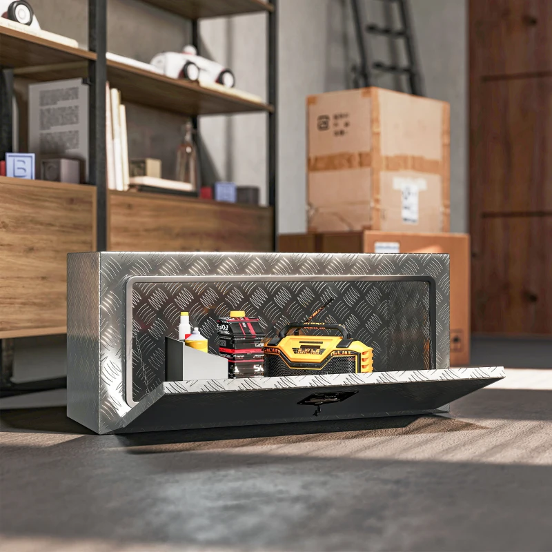 HOMCOM Heavy Duty Aluminum Truck Bed Tool Box, 36 Inch Wavy Plate Tool Box Chest, Waterproof Storage Toolbox Chest Organizer