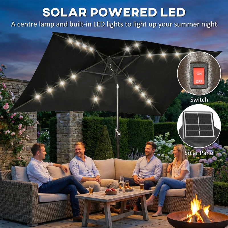 Outsunny 6.5x10ft Patio Umbrella, Rectangle Tilt Outdoor Market Parasol with LEDs, Black