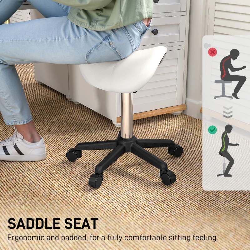 HOMCOM Saddle Stool, Adjustable Rolling Stool, White